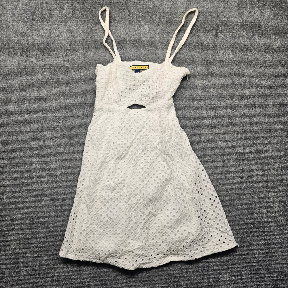 Prince & Fox White Eyelet Cutout Mini Dress XS Cotton Spaghetti Strap Summer